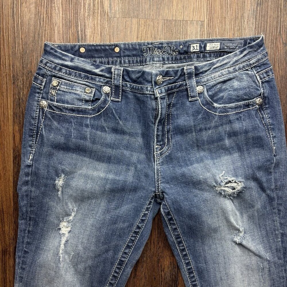 Miss Me Mid-Rise Skinny Jeans Sequin Angel Wings Distressed Light Wash Size 31 - Picture 3 of 11
